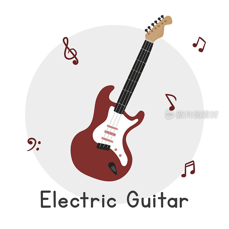 电吉他剪贴画卡通风格。简单可爱的红色电吉他经典弦乐乐器平面矢量插图。弦乐器手绘涂鸦。电吉他矢量设计