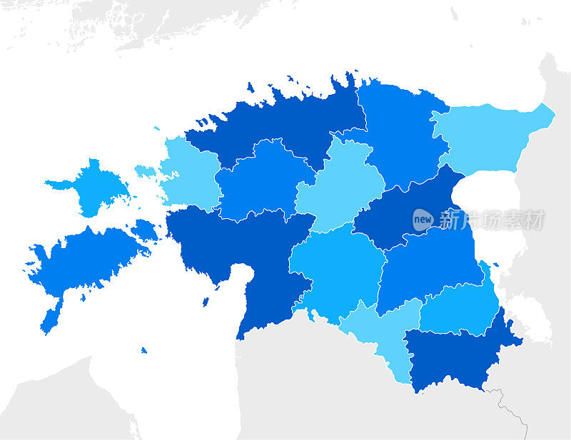 高详细的爱沙尼亚蓝色地图与地区和国界拉脱维亚，立陶宛，俄罗斯，芬兰，瑞典