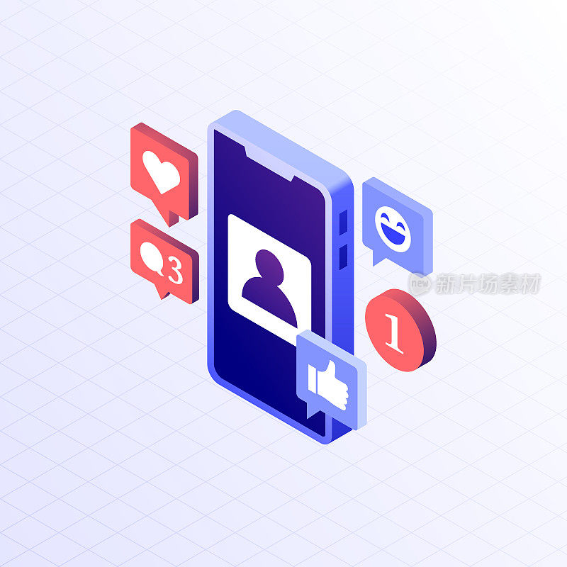 社交媒体图标设计,三维和等距绘图。友谊,谈话,聊天,信息,博客,社区,事件,评论,喜欢。