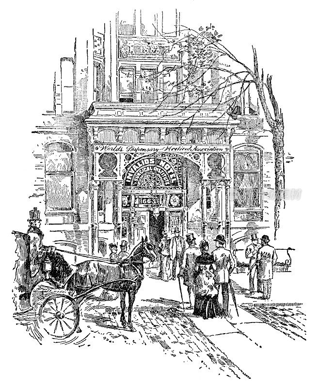 19世纪，美国纽约州布法罗的荣军酒店和外科学院私立医院(皮尔斯宫)入口