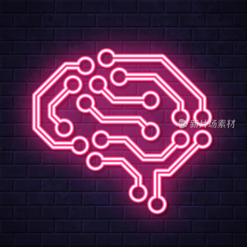 带有电路板的人工智能大脑。在砖墙背景上发光的霓虹灯图标