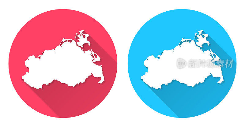 Mecklenburg-Vorpommern地图。圆形图标与长阴影在红色或蓝色的背景