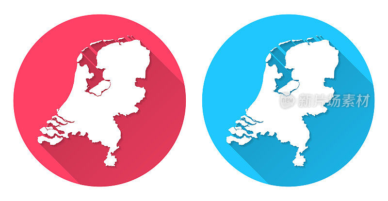 荷兰的地图。圆形图标与长阴影在红色或蓝色的背景