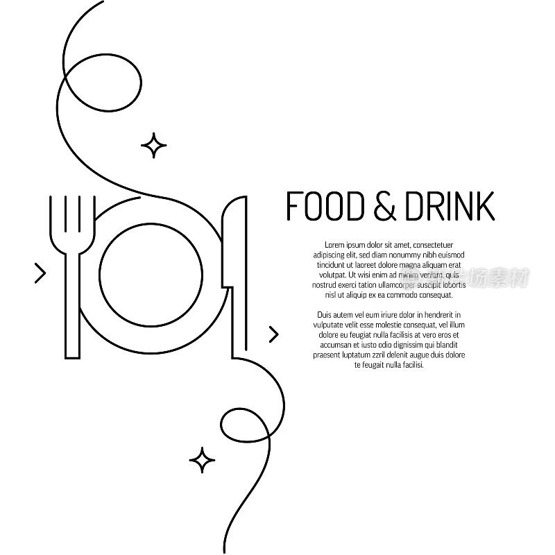 连续线条绘制的食品和饮料图标。手绘符号矢量插图。
