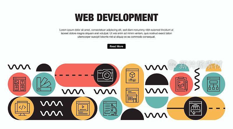 Web开发相关的矢量横幅设计概念。全局多球体随时可用的模板。网页横幅，网站标题，杂志，移动应用程序等。现代设计。