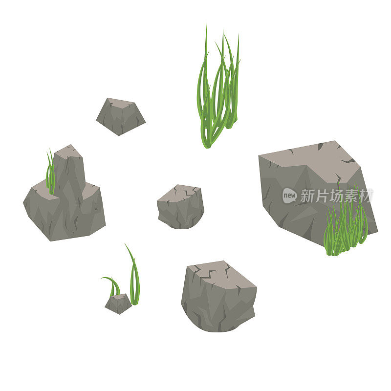 石头岩石与草孤立在白色。