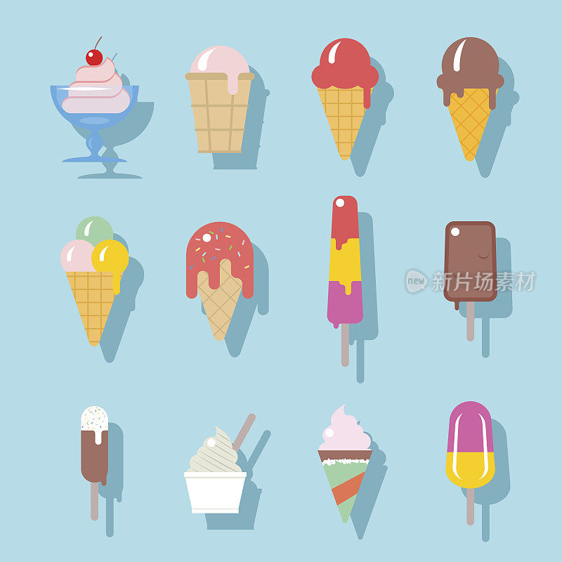 冰淇淋图标设置在平坦的风格