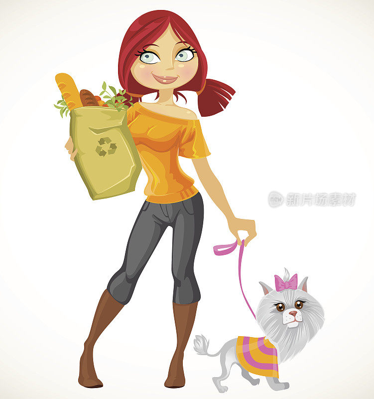 漂亮的红发女孩带着小狗和健康食品