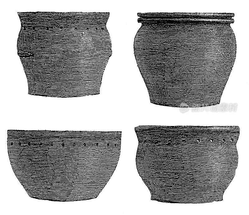 博登西的棚屋中发现的陶器(古董木刻)