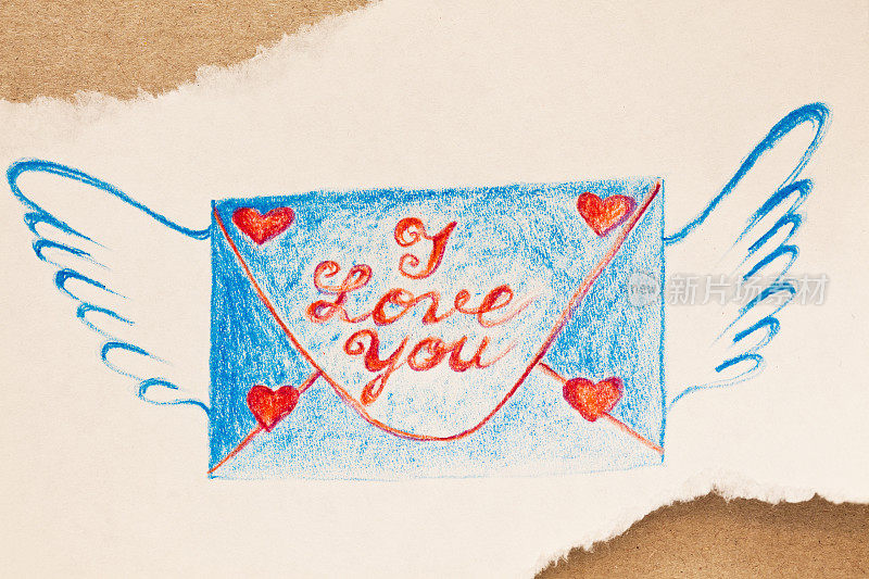 手绘的带翅膀的信封，上面写着“我爱你”