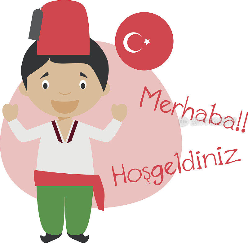 卡通人物用土耳其语问好和欢迎