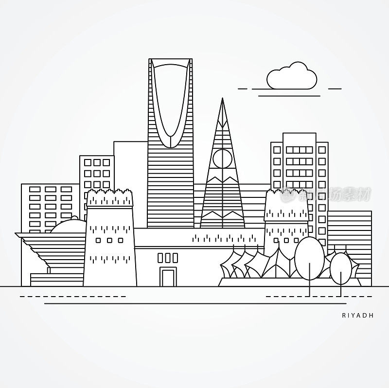 沙特阿拉伯利雅得的线性插图。平一线风格。