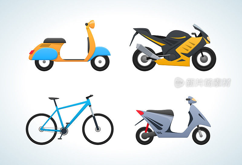 现代街头交通运输中的交通工具有:滑板车、运动自行车、自行车