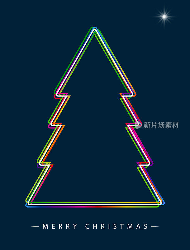 圣诞快乐!向量抽象彩色圣诞树组成的彩色轮廓在深蓝色的背景与北极星。