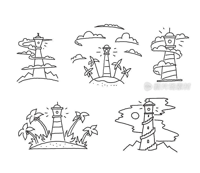 灯塔在云雾灯塔海员标志岛屿和棕榈海洋插图海上旅游冒险。手绘矢量股票插图