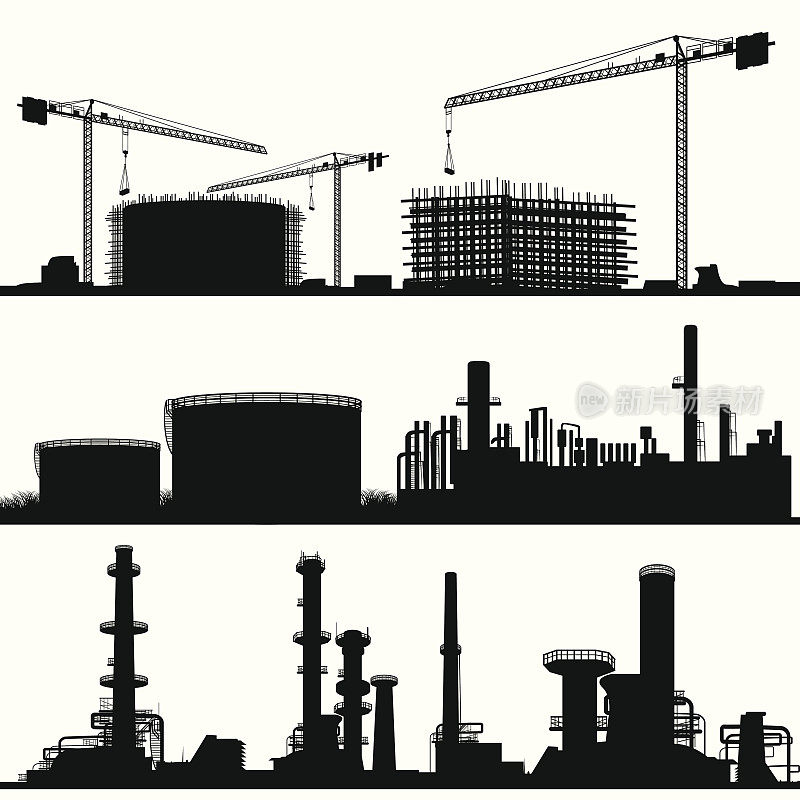 工业城市，建筑工地，炼油厂和发电厂