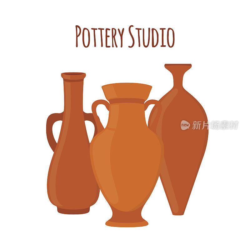 陶器工作室的标签，图标与花瓶，罐子，双耳罐。陶瓷、粘土