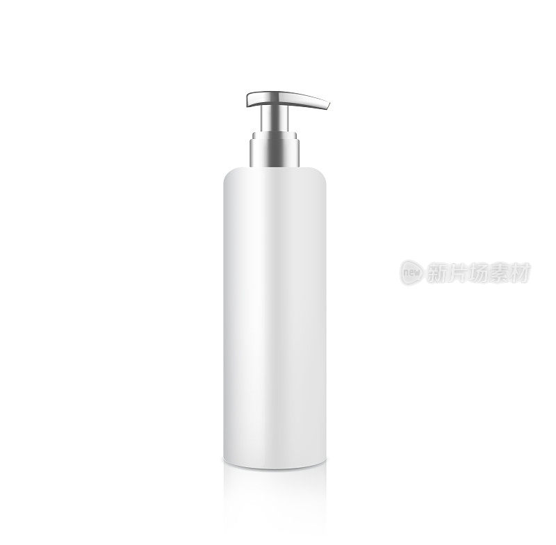 模拟的化妆品白色瓶子与银色金属分配器，霜，肥皂，凝胶，洗发水等。