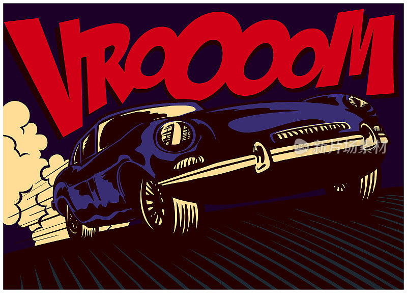 波普艺术漫画风格的跑车全速矢量插图