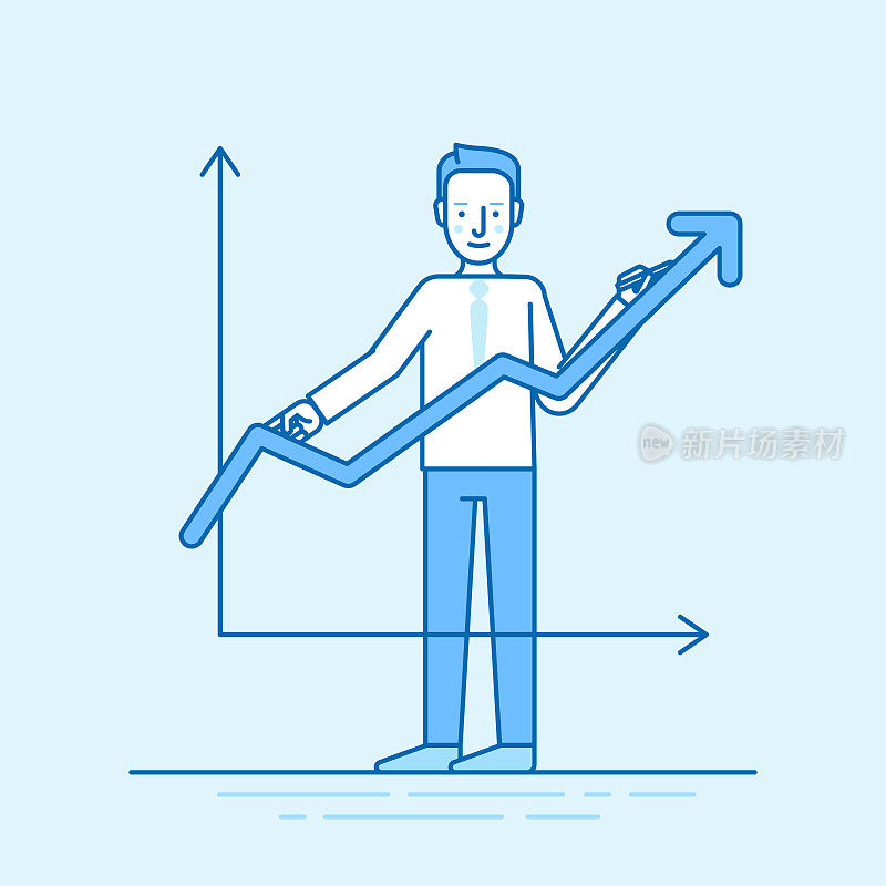 矢量插图在时尚的平面线性风格在蓝色-人绘图图形-企业发展的概念