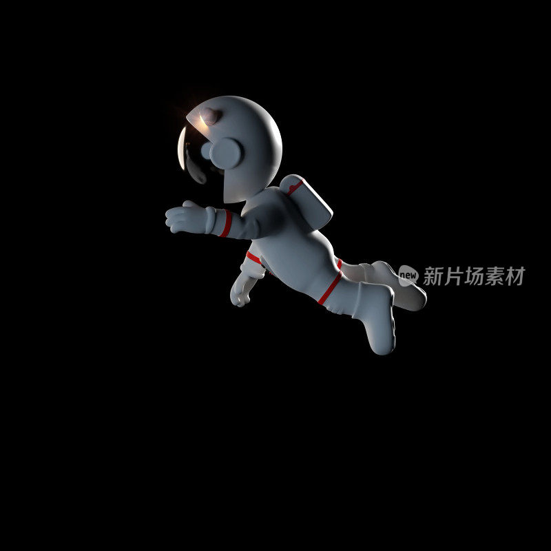可爱的卡通宇航员角色穿着白色航天服漂浮在零重力空间(3d插图，孤立在黑色背景)