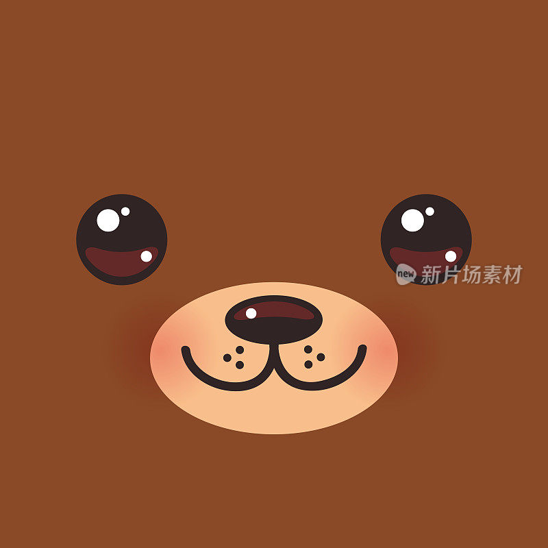 可爱的卡通卡哇伊有趣的棕色熊口鼻，粉红色的脸颊和大眼睛。向量