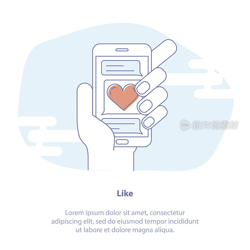 手机屏幕上的喜欢和爱的图标通知。喜欢，评论，关注的社交媒体概念。