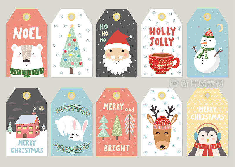 圣诞标签可爱的收藏。标签上有圣诞老人、小熊、兔子