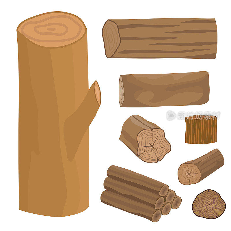堆叠木材用于建筑建筑的松木、切割树桩木材、树皮等材料向量集