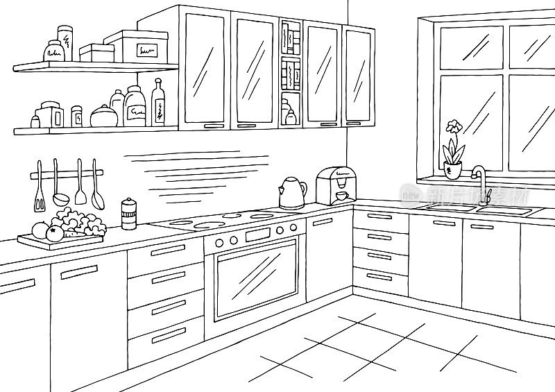 厨房图形黑白室内草图插图矢量