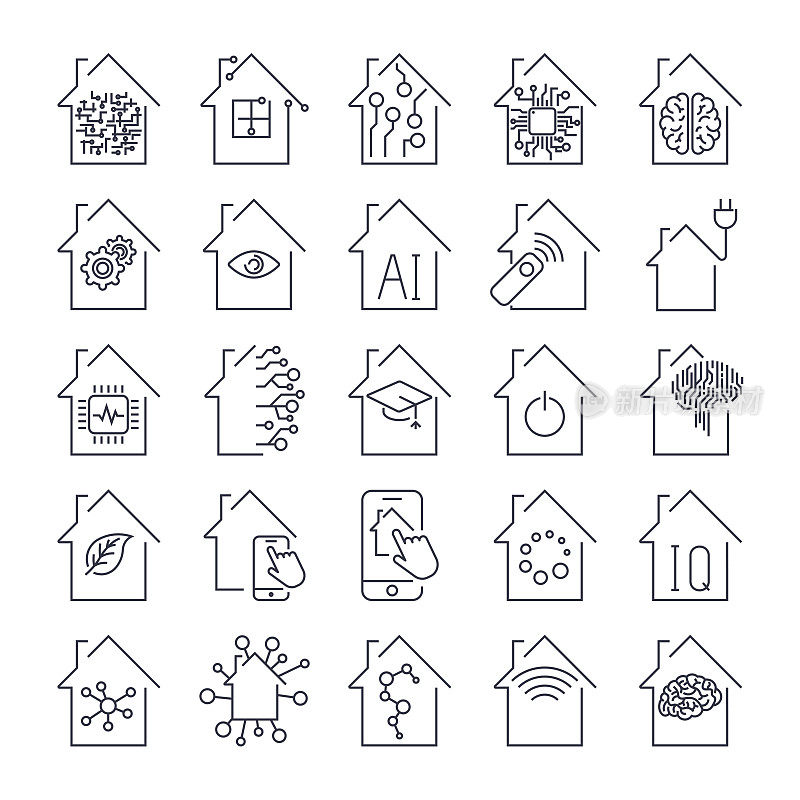一组简单的智能房子相关的线条图标。智能家居和技术图标集。可编辑的中风
