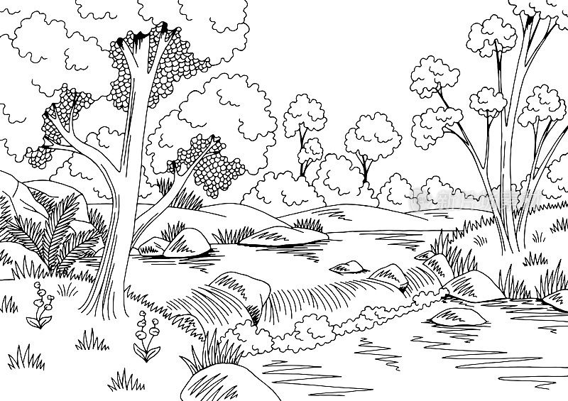 森林河图形黑白瀑布景观素描插图向量
