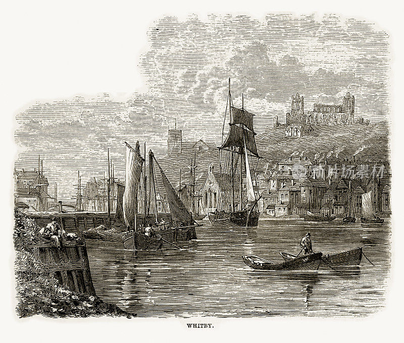英国约克郡惠特比渔村，维多利亚版画，大约1840年