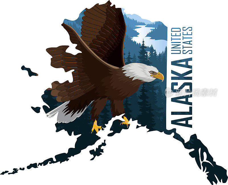 矢量阿拉斯加-美国州地图与秃鹰