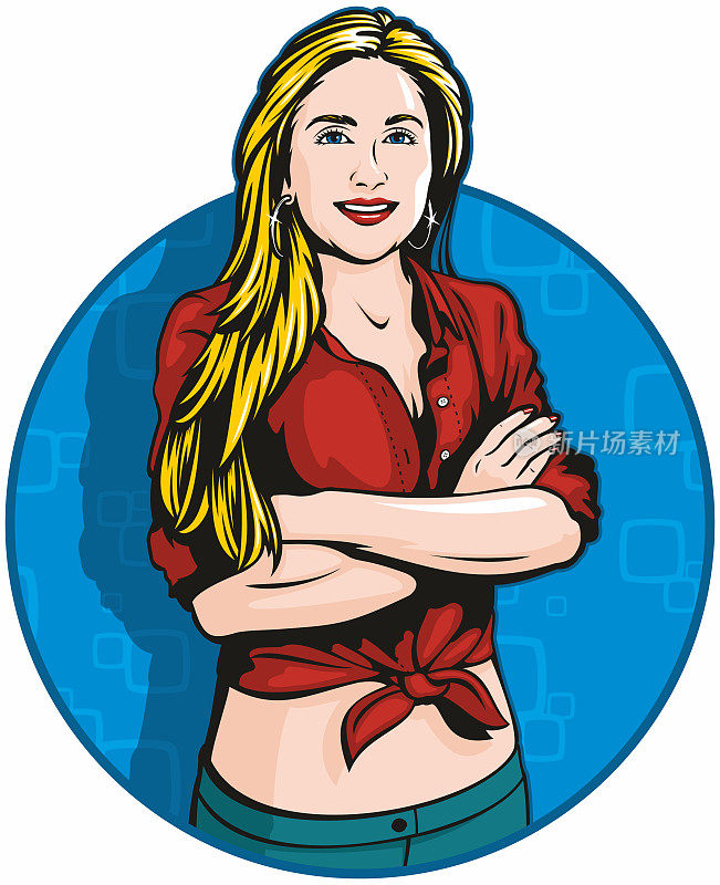一个幸福自信的女人双臂交叉的波普艺术插图。