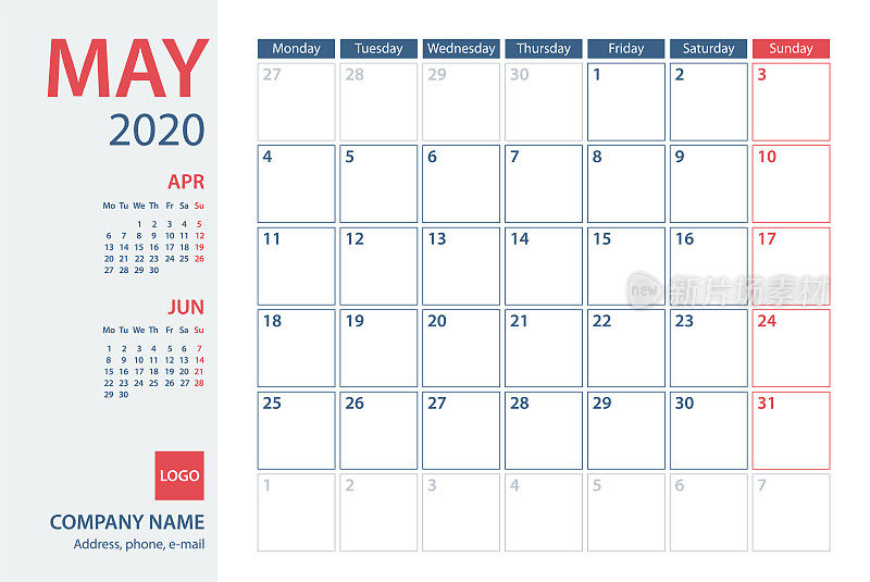 2020年5月日历规划师矢量模板。一周星期一