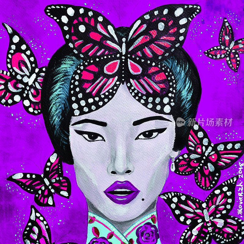 画着美丽的亚洲女人和蝴蝶