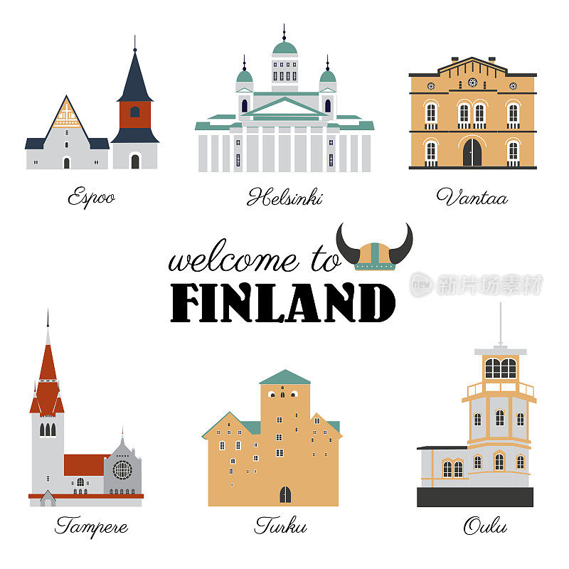 芬兰旅游卡通地标、平坦建筑、赫尔辛基路德大教堂、埃斯波大教堂、万塔城市博物馆、坦佩雷神庙、图尔库和奥卢城堡，芬兰，插图