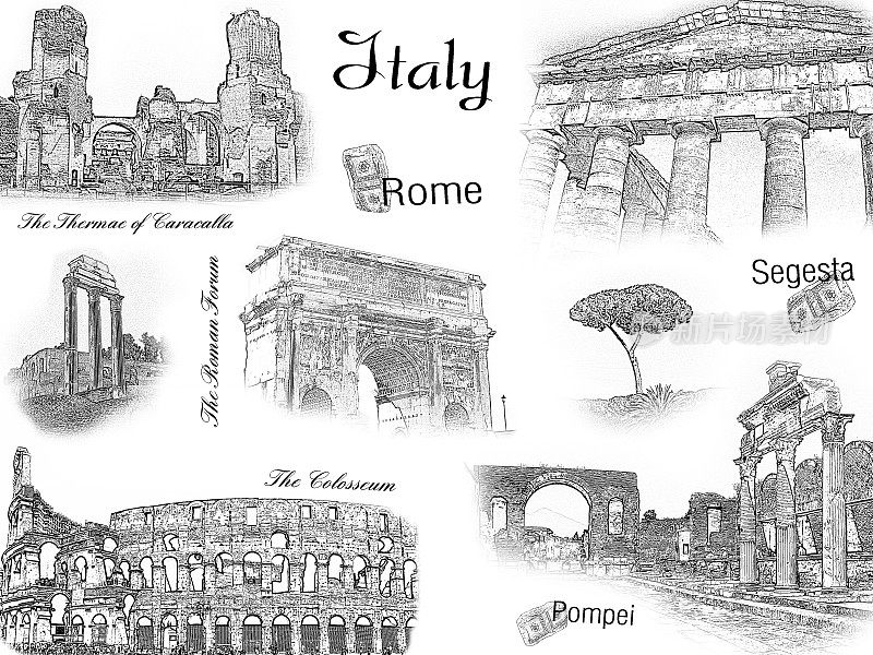 罗马，庞贝，塞格斯塔古城。意大利旅游地标:罗马广场，卡拉卡拉热梅，圆形大剧场，赛普提米乌斯·塞维勒斯拱门，维纳斯神庙。旅游拼贴，概念明信片设计