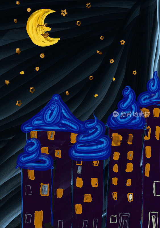 金色的月亮和星星悬挂在城市的蓝色屋顶上