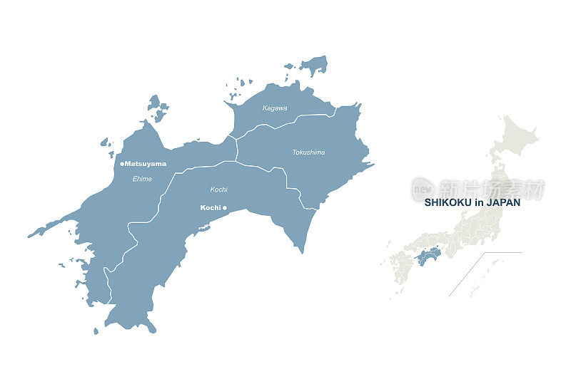 四国的地图。日本区域矢量地图。