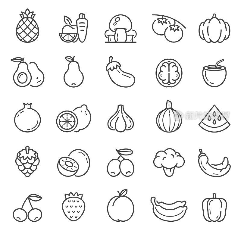 水果和蔬菜系列图标与香蕉，苹果，樱桃和菠萝的标志