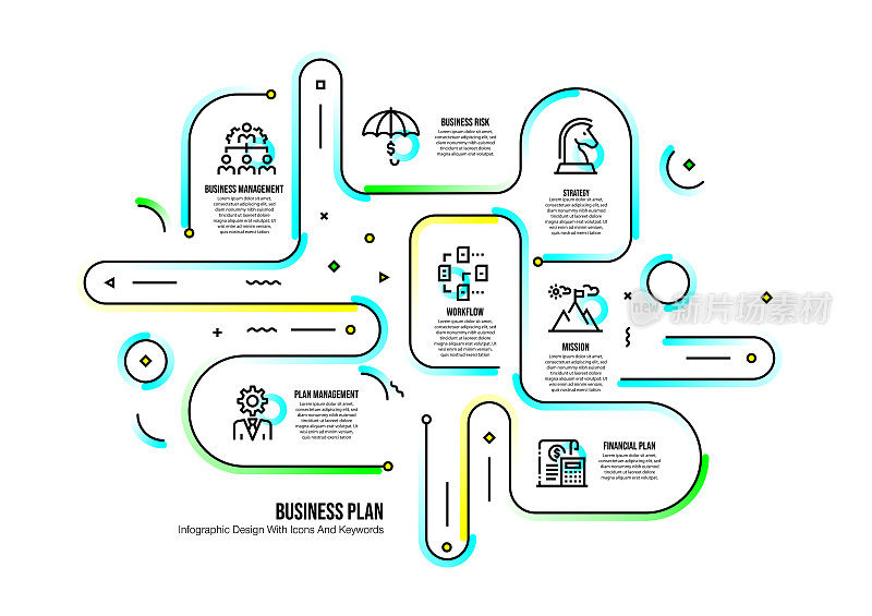 信息图表设计模板与商业计划的关键字和图标