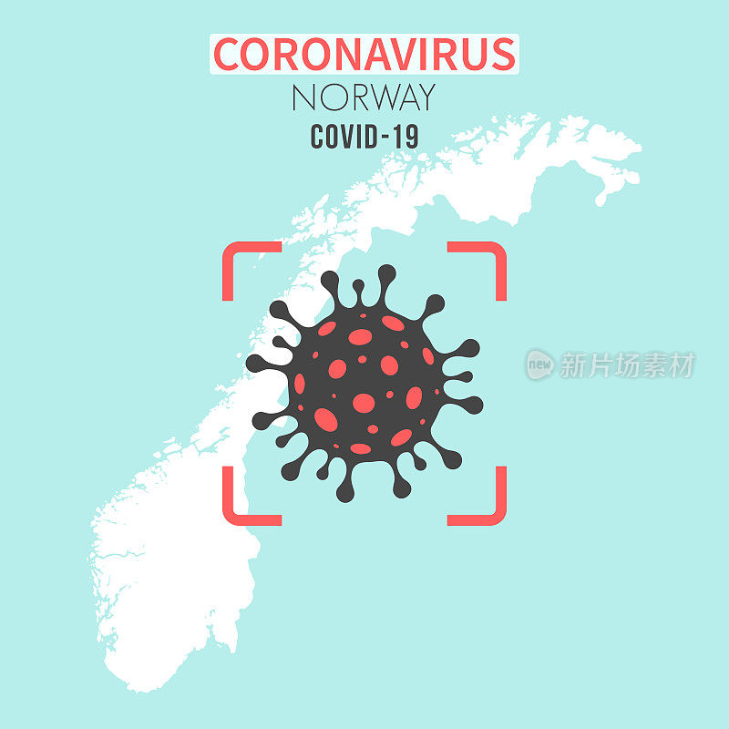 挪威地图，红色取景器中有冠状病毒细胞(COVID-19)