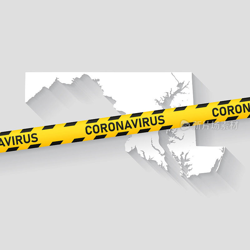 带有冠状病毒警告胶带的马里兰地图。Covid-19爆发