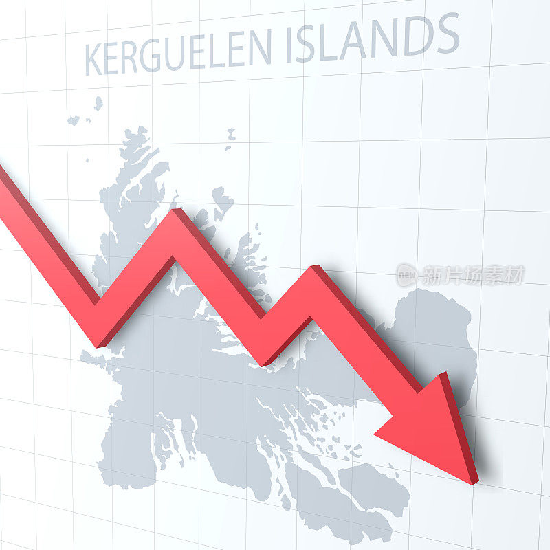 坠落的红色箭头，以Kerguelen群岛地图为背景