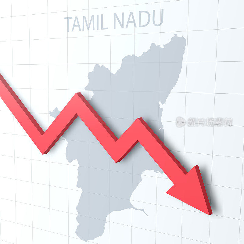 落下的红色箭头，泰米尔纳德邦地图为背景