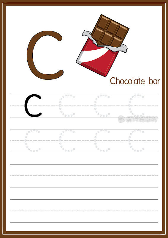 矢量插图的巧克力棒孤立在白色的背景。用大写字母C作为教学和学习媒体，供儿童识别英文字母或供儿童学习写字母用于在家里和学校学习。