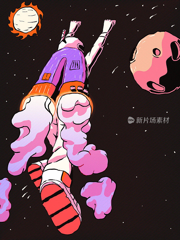 手绘卡通矢量插图宇航员在太空飞行在一个喷气背包。