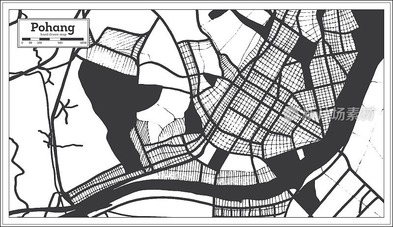 浦项韩国城市地图黑白复古风格。